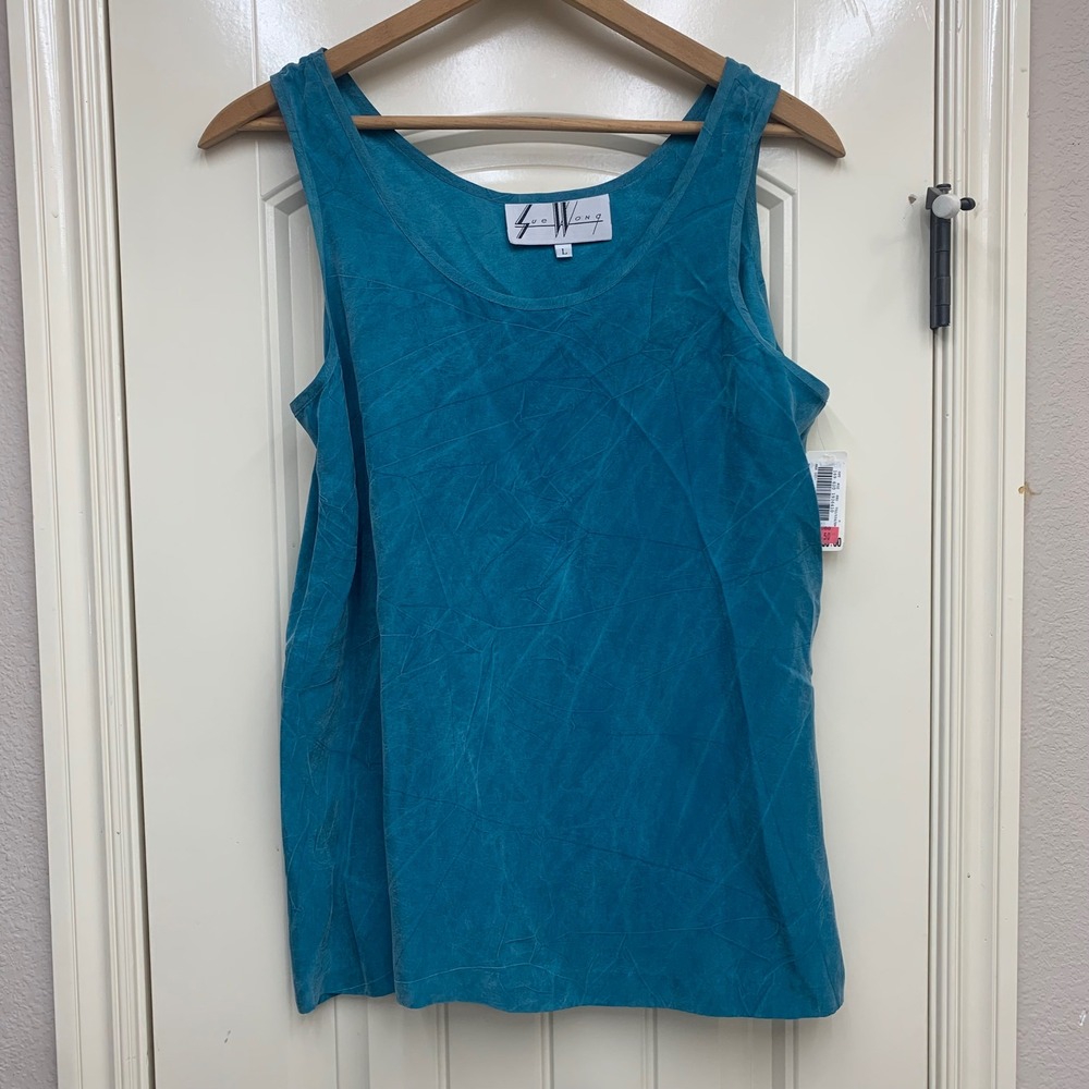 VTG Sue Wong Vintage Teal Blue Crinkle Rayon Tank Top Scoop Neck USA Large